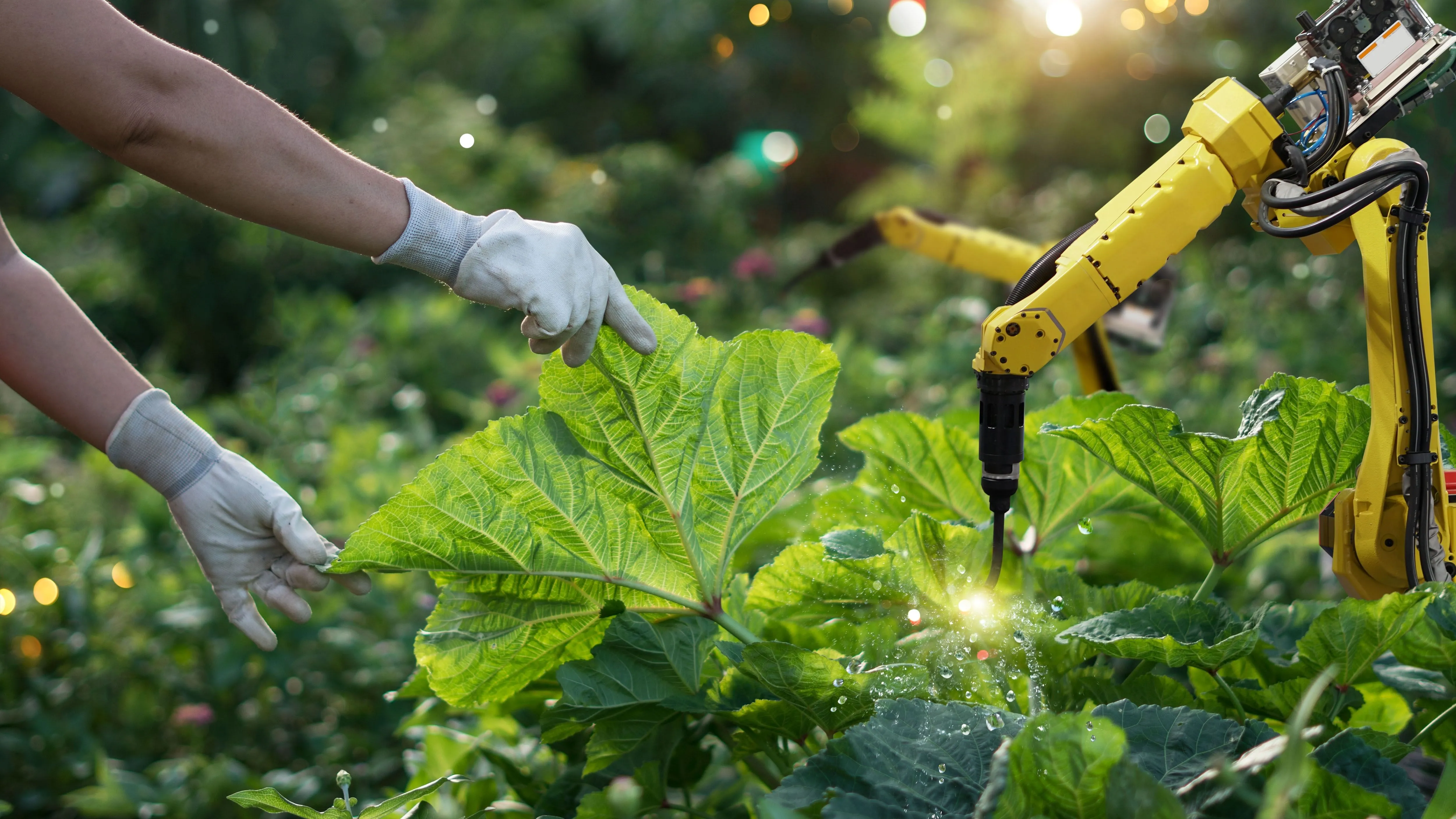 Agriculture futuristic image. Pollinate of vegetables with robot automation.