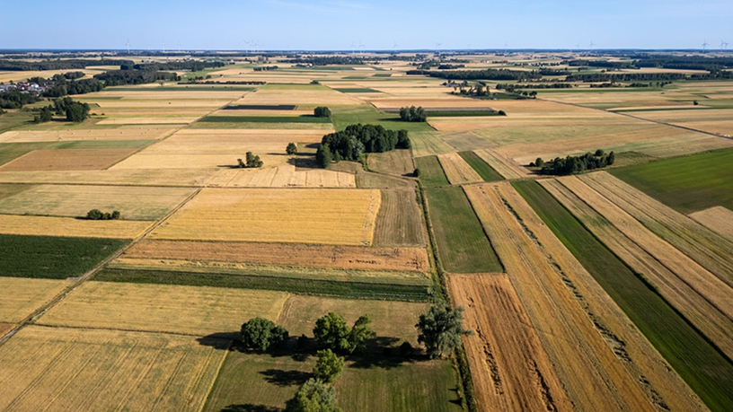 Aerial view of agricultural fields in Korytnica commune, rural Poland landscape
