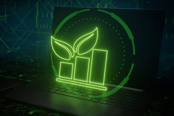 Laptop keyboard with plant growing on it. Green IT computing concept. Carbon efficient technology. Digital sustainability 3D Render